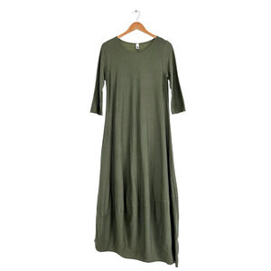 Wendy Trendy Lagenlook Olive Green Cotton Micro Stripe Maxi Dress one size